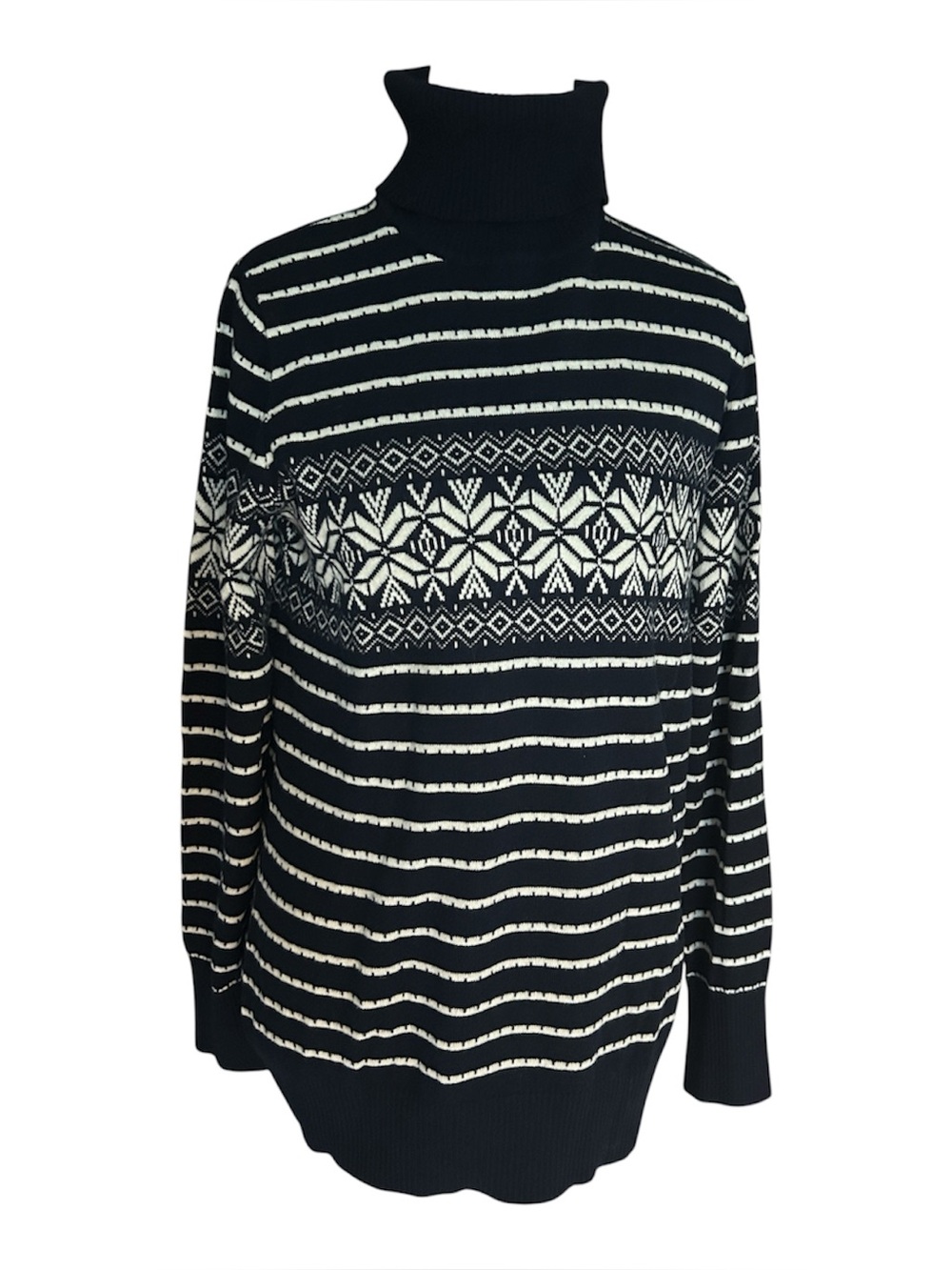 L.L. Bean Cotton Cashmere Fair Isle Turtleneck Sweater M Blue Cream Snowflake